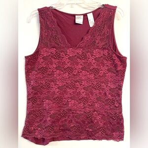 Emma James Burgundy Floral Lace Overlay Tank Top V-Neck Large L